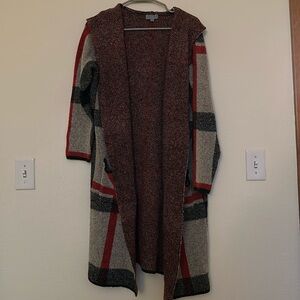 Joseph A Long Hooded Cardigan Coat Plaid